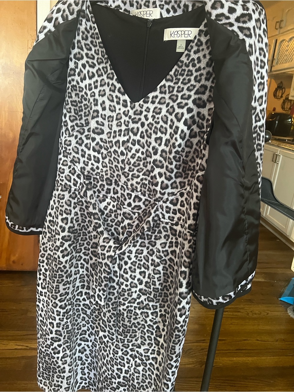 Kasper Black & White Leopard-Print Midi Dress